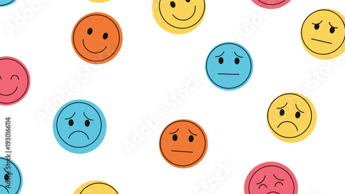 Background pattern filled with colorful circular emoji faces showing a range of emotions from happy and neutral to sad and worried.