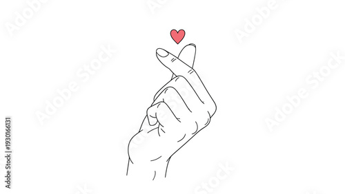 Close up of a hand making the popular finger heart gesture with a tiny red heart icon floating above it on a clean white background.
