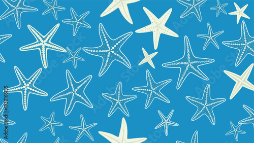 Seamless summer pattern of white starfish shapes with dotted details scattered over a bright blue background for beach themed designs.