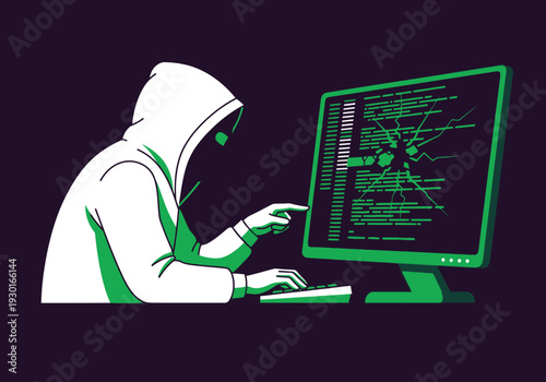 Hacker in hoodie pointing at computer screen with security breach