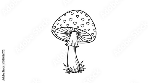 Simple black and white line drawing of a mushroom featuring a cap covered in small heart shapes instead of traditional spots.