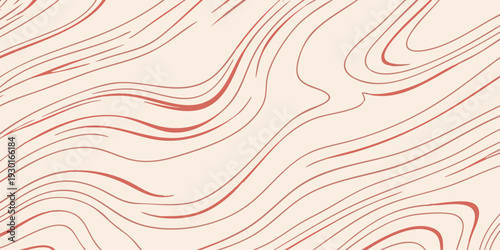 Abstract topographic pattern with red and black wavy lines on a neutral background from a directly overhead viewpoint