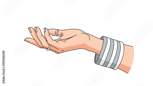 Feminine hand wearing silver rings and a thick striped bracelet reaching out in an open gesture on a plain white background for jewelry.
