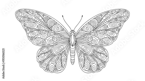 Detailed line art of a butterfly with intricate swirl patterns on its wings suitable for coloring books and decorative design projects.