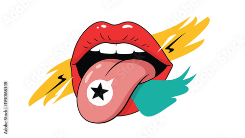 Pop art style illustration of an open mouth with the tongue sticking out featuring a black star and a small teal wing on a white background.
