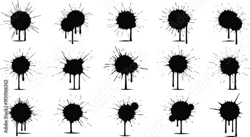 Set of ink splatter and paint drip silhouettes isolated on white background vector