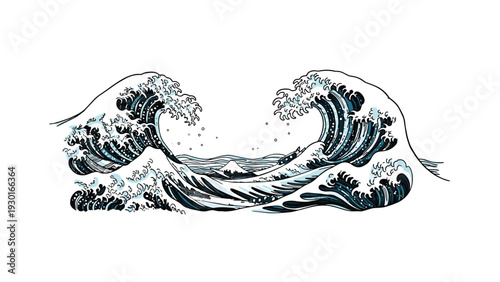 Artistic illustration of powerful ocean waves with white foam and a small mountain peak in the distance under a pale sky.