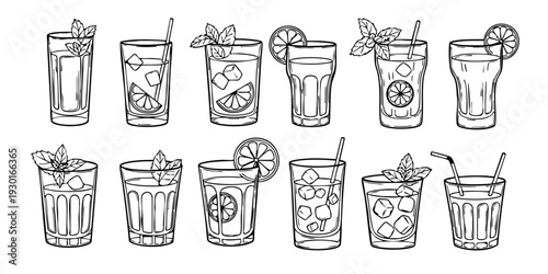 Assorted cocktails with straws and garnishes in tall glasses, a collection of refreshing drinks