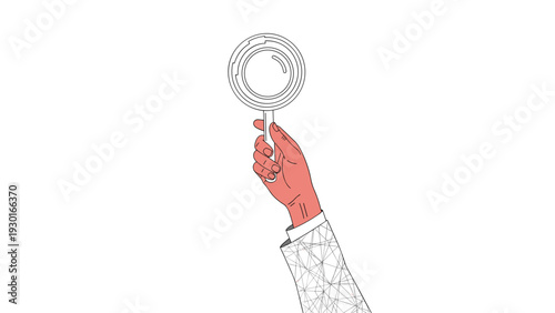Hand in a patterned sleeve holding a magnifying glass upright as a symbol of searching investigation and discovery on a white background.