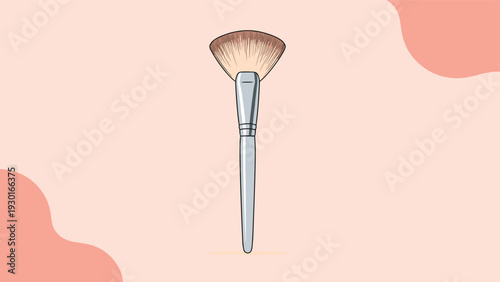 Professional fan makeup brush for face highlighting and contouring placed vertically on a soft pink and orange abstract background for beauty.