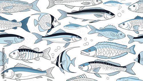 Seamless pattern of various fish species illustrated in blue and white line art for textile, wallpaper, and nautical home decor design projects.