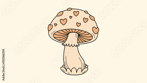 Whimsical mushroom illustration with heart shaped spots on its cap on a soft beige background for cute autumn forest and nature design.