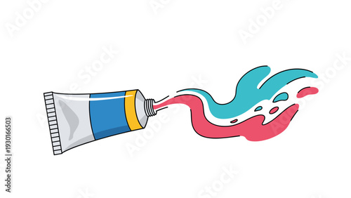 Tube of blue and yellow paint with a splash of pink and teal colors flowing out for artistic creativity, painting, and art hobby concepts.