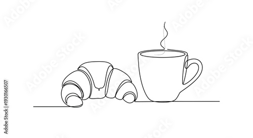 Minimalist Line Art: Croissant and Coffee Cup with Steam