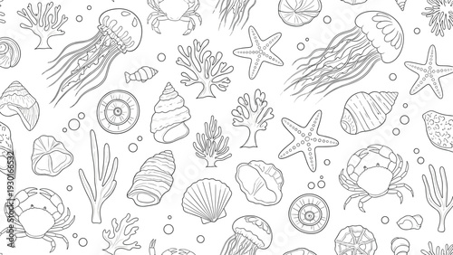 Seamless pattern of various sea creatures and ocean elements like jellyfish, shells, coral, and crabs in black and white line art.