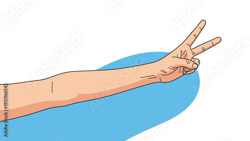 Hand showing the peace or victory sign with fingers spread wide against a blue and white background for harmony and success concept.