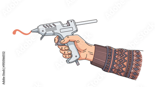 Hand holding a hot glue gun in the opposite direction showing the applicator and melting glue for DIY project and craft hobby concepts.