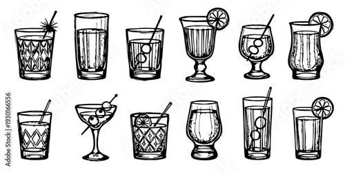 A collection of various cocktail glasses illustrated in black and white, showcasing different shapes and garnishes from a straightforward viewpoint.