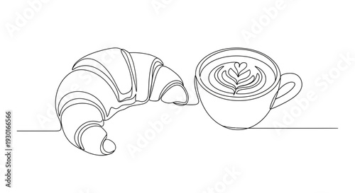 Minimalist Line Art: Croissant and Coffee with Latte Art