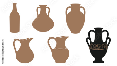 Silhouette group of various ancient pottery and vases with one detailed black and orange amphora for history and archeology concept.