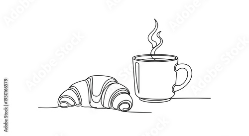 Minimalist Line Art: Croissant and Hot Coffee Cup, Breakfast Morning Vibe