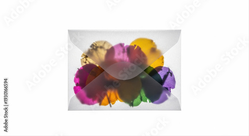 Colorful dried flower arrangement elegantly displayed in a transparent envelope, isolated against a clean white background, showcasing vibrant hues and delicate textures