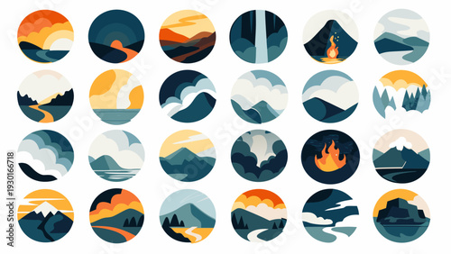 Volcano & Dramatic Landscapes logo set. Flat geometric nature landscape icons. Travel adventure badge designs. Vector round mountain peak emblems