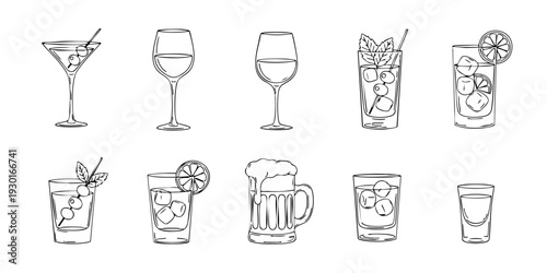 Collection of various cocktails and beverages illustrated in simple line art on a clean white background from a straightforward viewpoint
