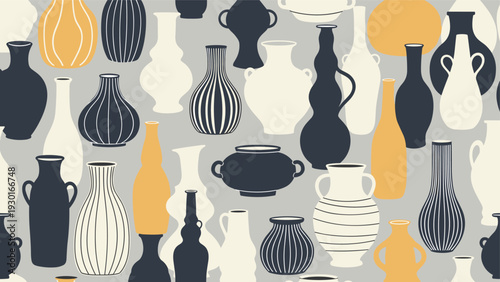 Diverse collection of various pottery, vases, and jars in different shapes, patterns, and earth tones for interior decor and art.
