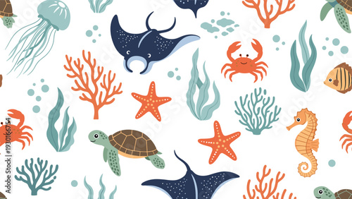 Seamless pattern of cute underwater animals and plants including jellyfish, rays, turtles, and seahorses for nursery and kids design.