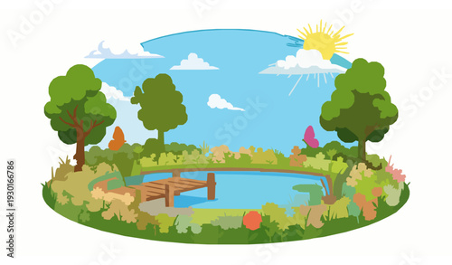 Cartoon Spring Summer Pond Scene with Wooden Pier Meadow Flowers and Butterfly Vector