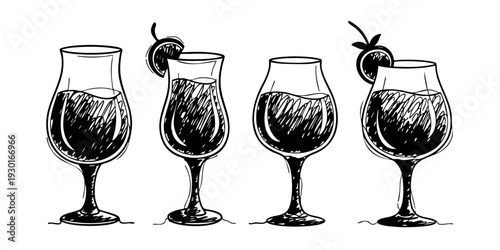 Four wine glasses with drinks and fruit garnishes on stems viewed from the front in a row