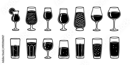Illustration of various glasses containing different beverages in a clean and simple style