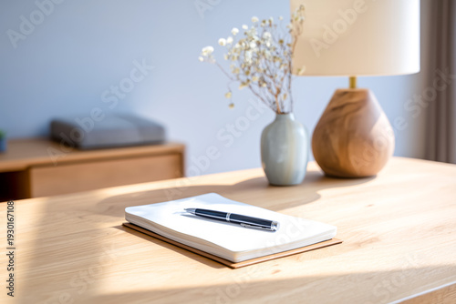 A serene workspace with a notebook pen and decorative lamp on a wooden desk in natural light