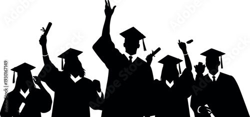 Silhouette of graduates celebrating with hands raised in joy