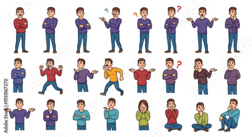 Diverse collection of cartoon men in various poses and expressions, representing emotions.