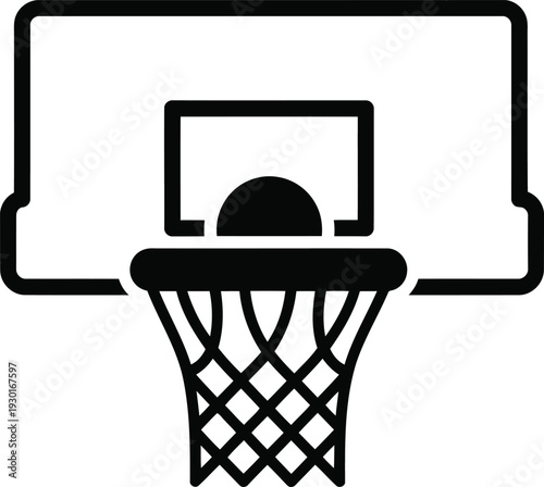 Black and white basketball hoop icon with backboard and net isolated on white background