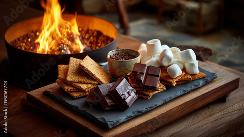 A slate board featuring graham crackers, dark chocolate bars, and marshmallows, arranged for roasting next to a glowing tabletop fire pit.