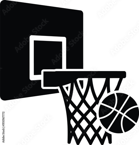 Black and white minimalist icon of a basketball hoop with a backboard and ball