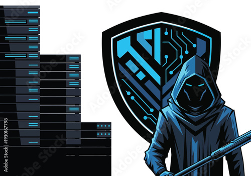 Hooded figure guarding data center servers with tech shield and scythe