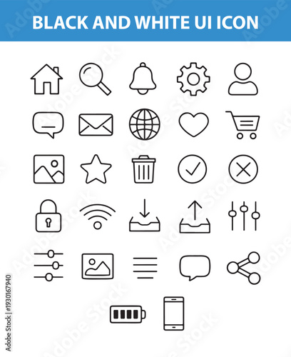 outline set of user interface line icons. linear vector icons such as upload setup, user setting interface, search shot interface with a magnifier tool, multiple variable lines