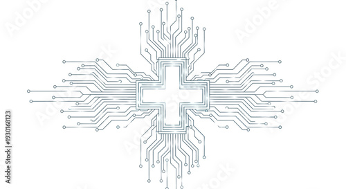 Modern Digital Healthcare Icon Plus Sign Crafted from Electronic Circuitry, Symbolizing Medical Innovation and Data-Driven Wellness Solutions