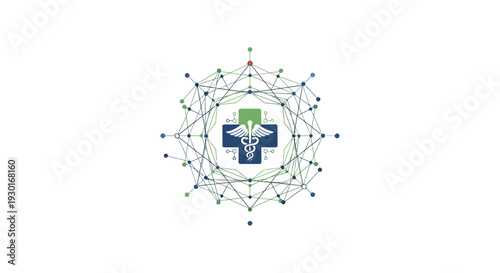 Digital Healthcare Network Concept with Caduceus Symbol Representing Integrated Medical Technology and Data Exchange Systems
