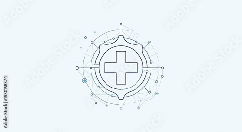 Medical cross symbol within a futuristic scientific network and circuit board pattern