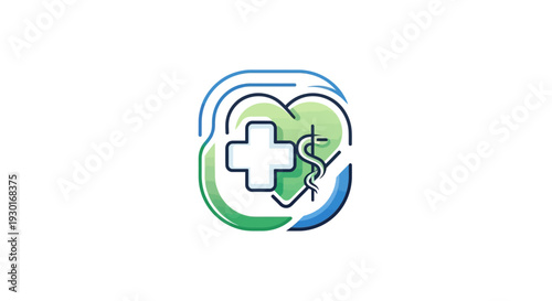 Modern abstract medical symbol representing holistic health, well-being, and comprehensive healthcare services, featuring a medical cross, serpent, and heart shape within a clean, professional design
