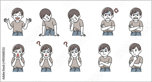 Various emotional expressions of a young boy in different poses and moods.