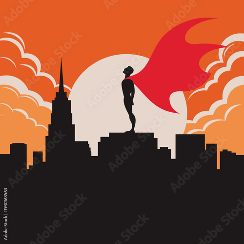 Vector silhouette of superhero standing on city rooftop at sunset