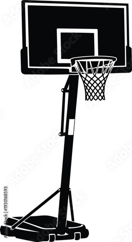 Black and white silhouette of a portable basketball hoop with a backboard and net.