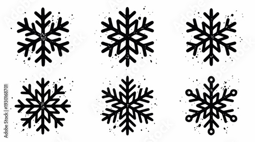 Set of six black snowflake icons with grunge texture and ink splatter effects on white background, concept for winter season marketing, holiday greeting cards and christmas graphic design
