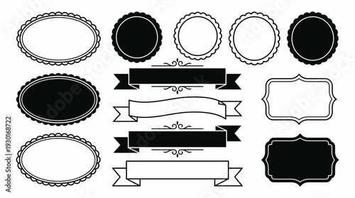 Set of various vintage black and white decorative frames, elegant ribbons, scalloped ovals and classic ornamental labels isolated on white, concept for branding, packaging and invitations